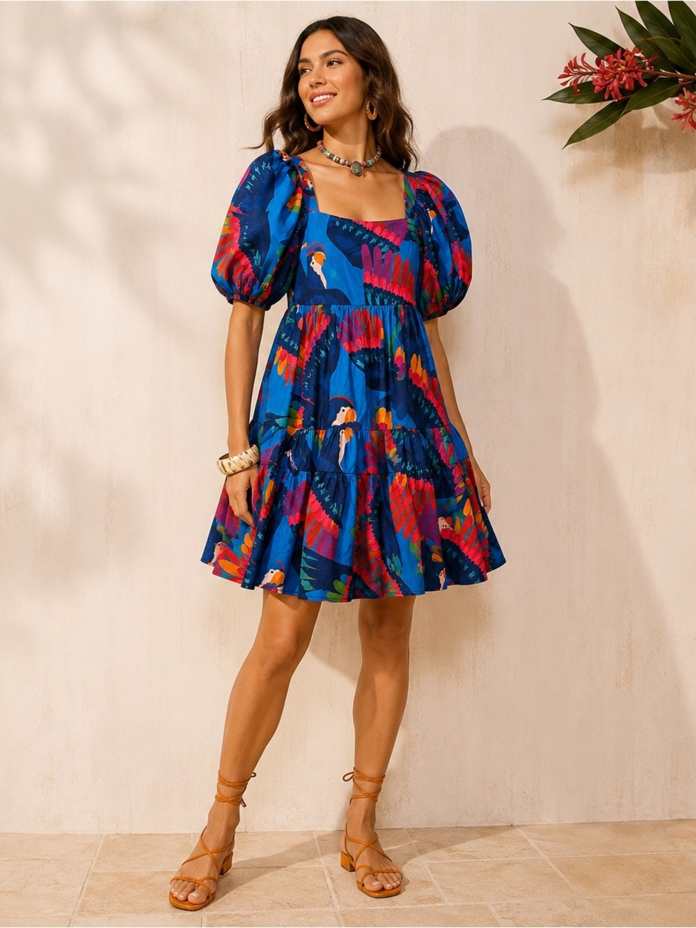 Farm Rio XS Rainbow Macaw Mini Dress Babydoll Smocked Back Puff Sleeve Cotton - Picture 1 of 12